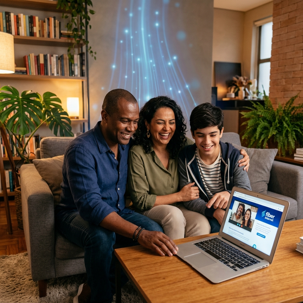 Família feliz conectada com a internet ultra rápida da Tabapuanet